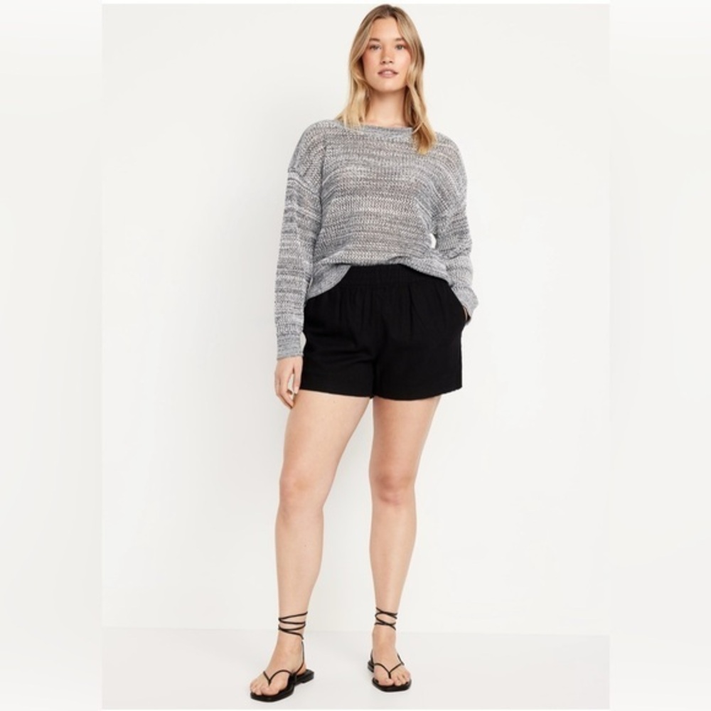 NEW…High-Waisted Linen Blend Elastic-Waist Casual Shorts